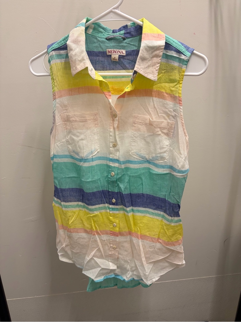 Merona Sleeveless Collared Button-Down Top in White, Yellow, Teal & Blue small